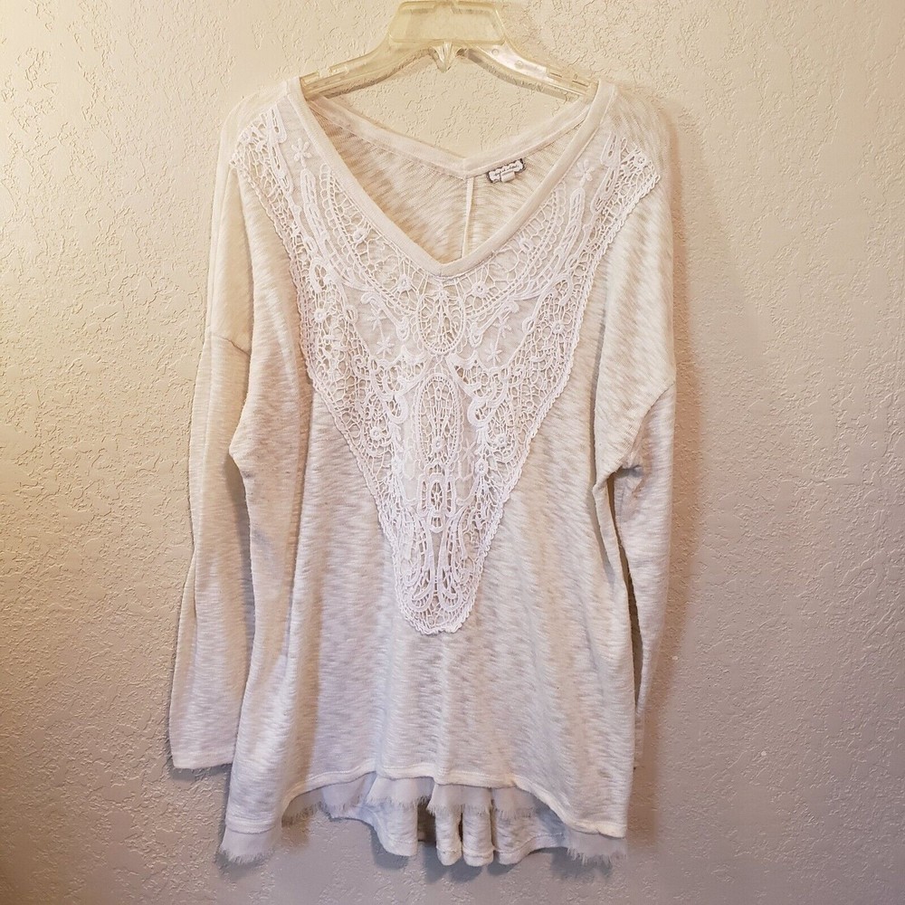 EYELASH Women's Sz 1X Cream V-neck Lace Long Sleeve Sweater Slub Knit...